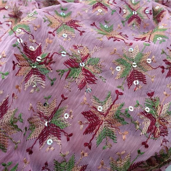 NWOT RAJ Pink & Multicolored Embroidered Stars Sequins Silk India Scarf/Wrap - Picture 4 of 11